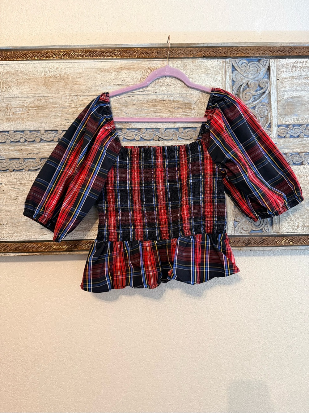 Draper James Red and Black Plaid Smocked Top